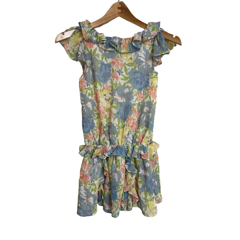 Ralph Lauren Girls 8 Watercolor Floral Drop Waist Dress Ruffled Blue Multi Lined